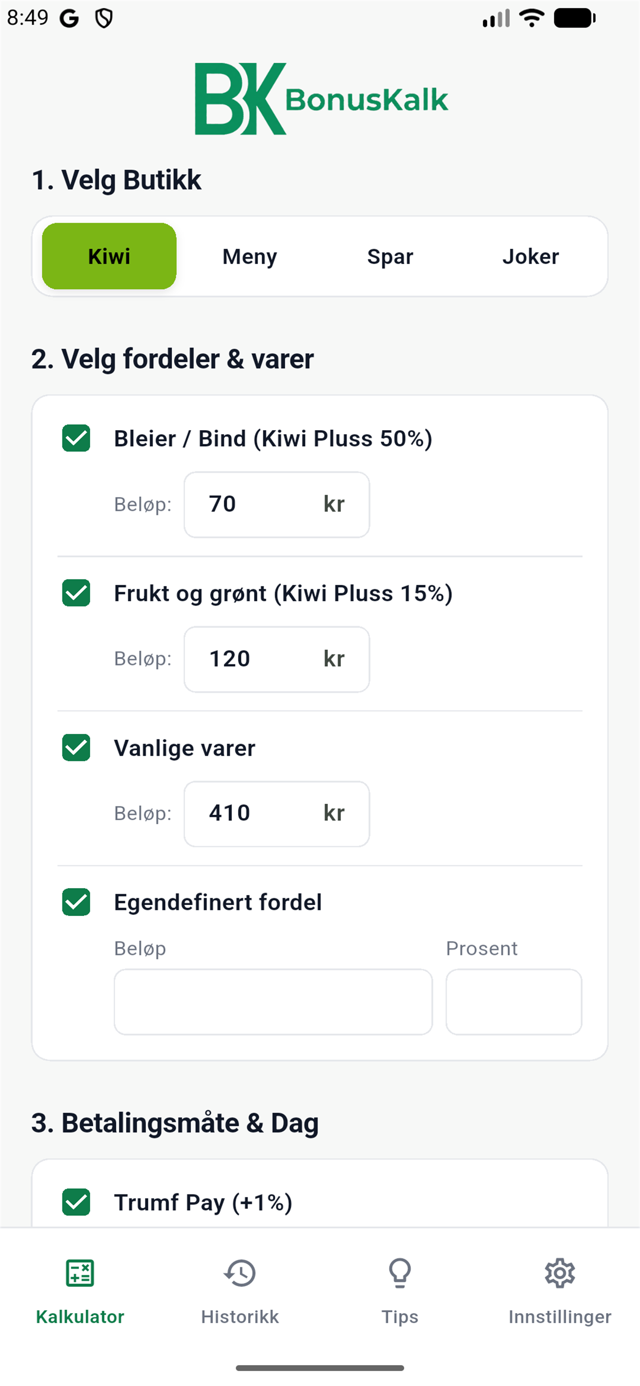 BonusKalk calculator with store, product, and reward selections