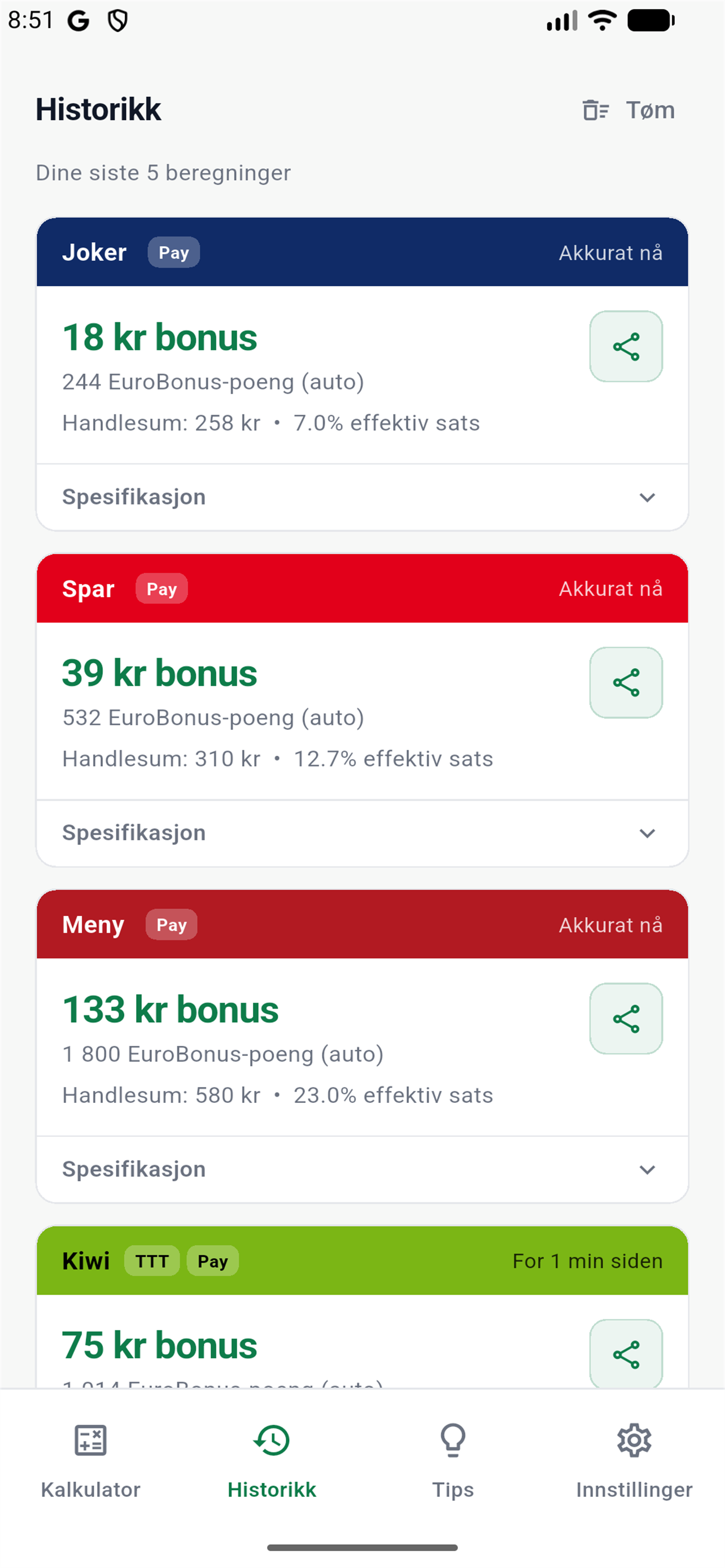 BonusKalk history with previous reward calculations