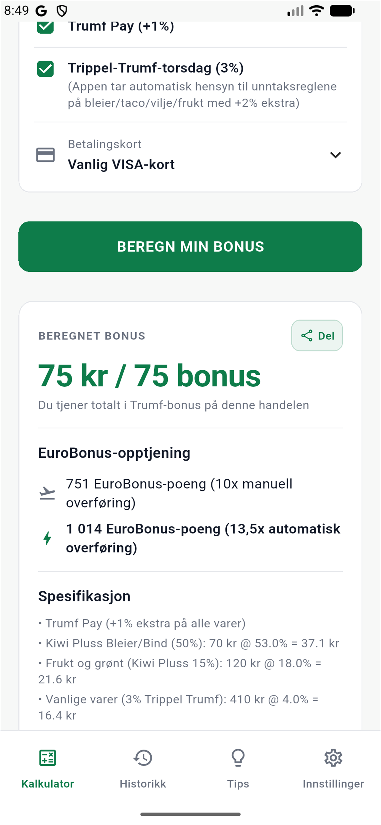 Resultat i BonusKalk med beregnet Trumf-bonus og EuroBonus-opptjening