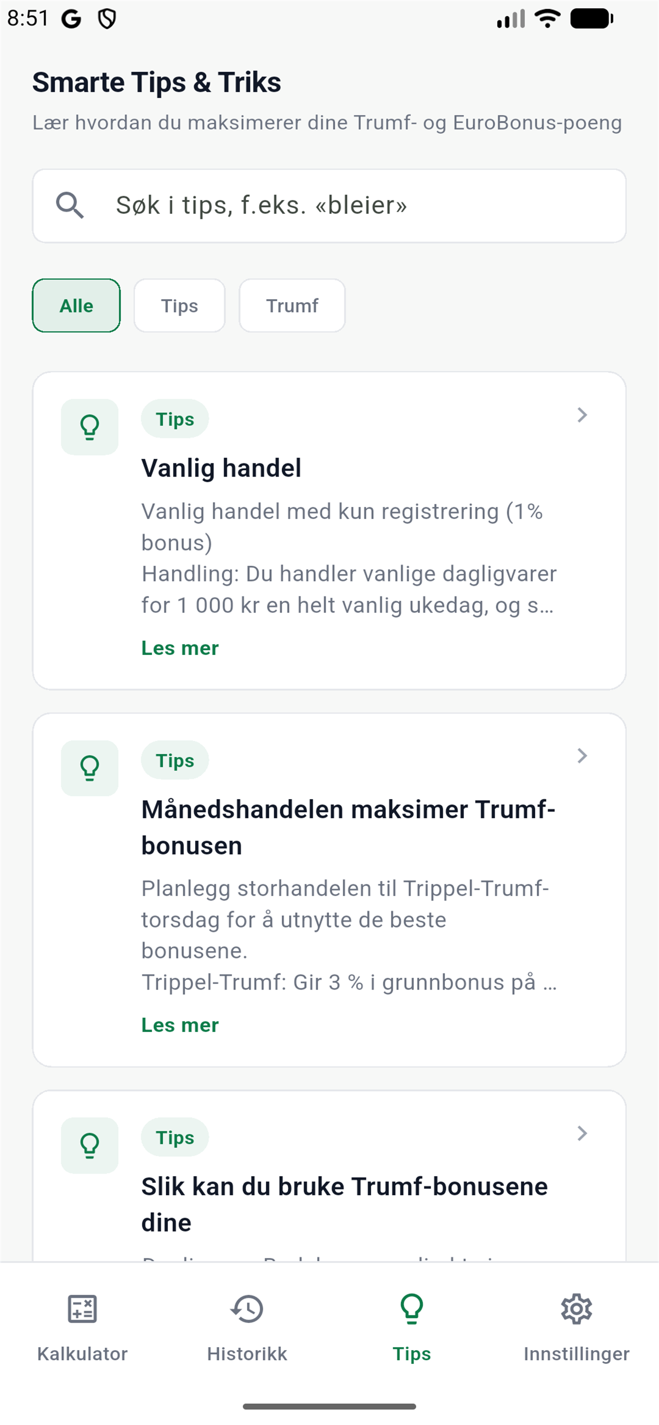 Searchable Trumf and EuroBonus tips in BonusKalk